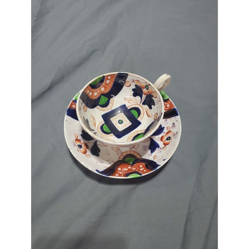 Antique Gaudy Welsh English Cup and Saucer Staffordshire Pottery Imari Pattern